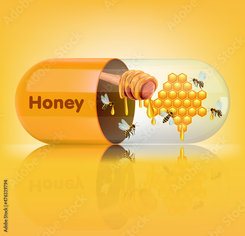 Medical  capsule with bee honey on orange background. Vector illustration