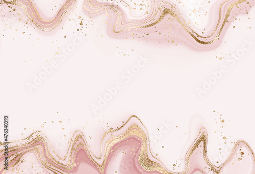 Elegant liquid marble painting print design with gold waves and splatter.