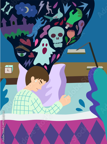 Concept of sleep with nightmare. Sleeping man in bed with sleep disorders and scary dark dreams. Colorful vector illustration.