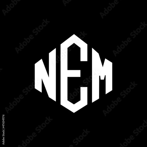 NEM letter logo design with polygon shape. NEM polygon and cube shape logo design. NEM hexagon vector logo template white and black colors. NEM monogram, business and real estate logo.