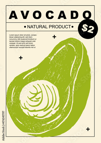 Avocado. Set of posters of fruits and vegetables in a abstract draw design. Label or poster, price tag. Simple, flat design. Patterns and backgrounds. Perfect for poster, cover, banner.
