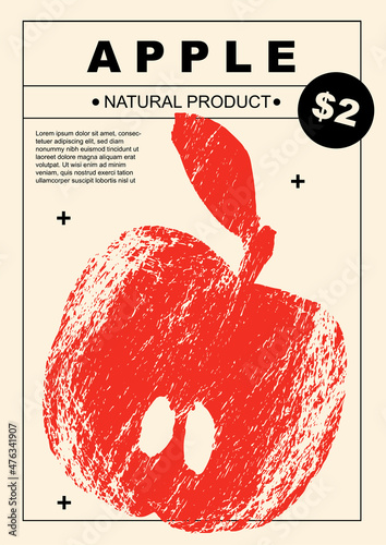 Apple. Set of posters of fruits and vegetables in a abstract draw design. Label or poster, price tag. Simple, flat design. Patterns and backgrounds. Perfect for poster, cover, banner.