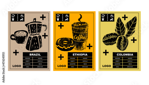Packaging design for coffee. Drawing art for packaging label. Beans, leaf brunch, cup cappuccino and coffee maker. Set of posters in a minimalist design. Flat vector illustration