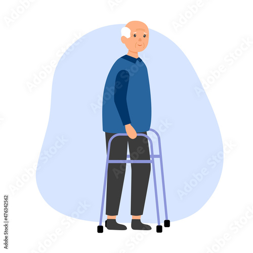 Senior man using walker support in flat design on white background.