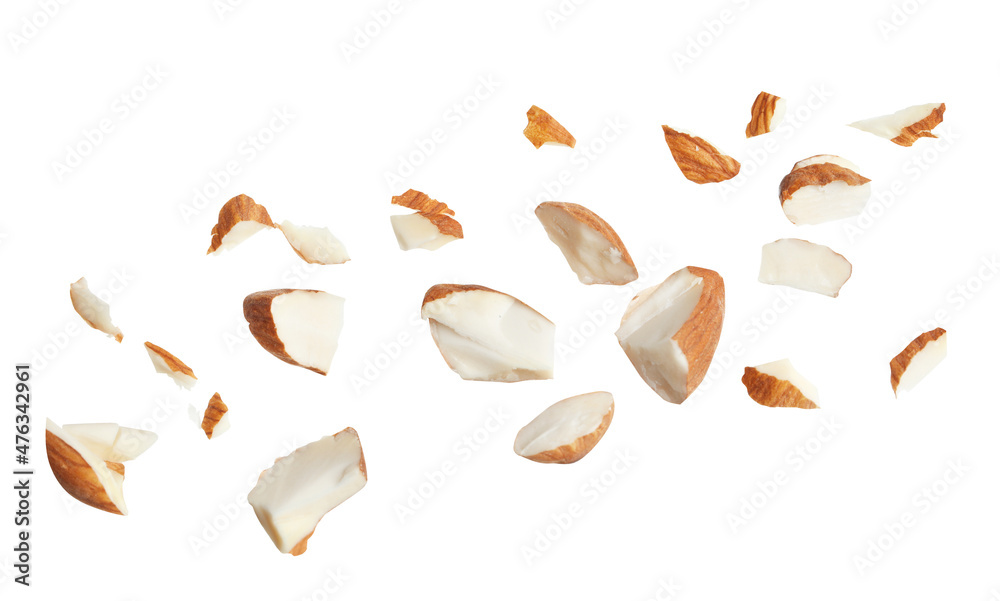Pieces of tasty almonds on white background Pieces of tasty almonds on white background