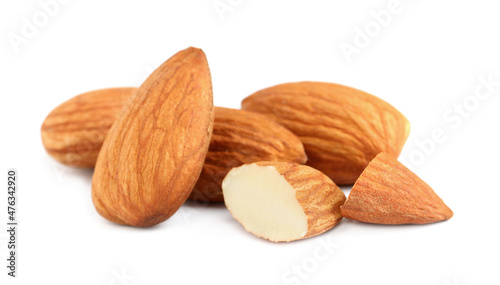 Organic almond nuts on white background, closeup. Healthy snack