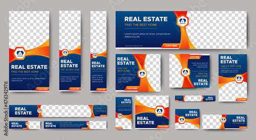set of real estate web banners of standard size with a place for photos. Gradient blue. Business ad banner. Vertical, horizontal and square template.