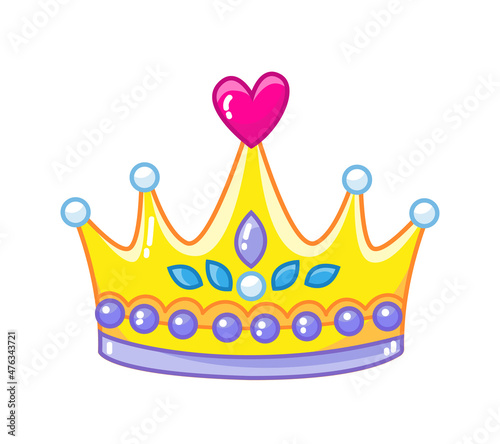 Gold crown richly decorated with precious stones, pearls, hearts. Princess tiara. Vector illustration of an accessory in a cartoon children's style. Isolated cute clipart. Colored art with an outline.
