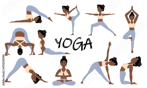 Womens Yoga set. Cute African girl shows various asanas. Yoga training. Vector illustration.