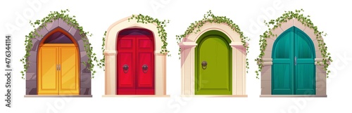 Wooden bright doors with handle, arch and ivy plant. Entrance, gate in a castle, church or house.