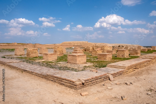 Reconstruction of Otrar city walls and columns. Otyrar (Farab) ancient town, homeland of Al-Farabi.