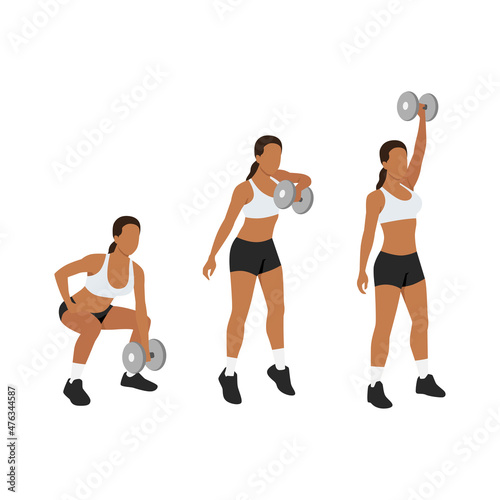 Woman doing Dumbbell snatch  exercise. Flat vector illustration isolated on white background