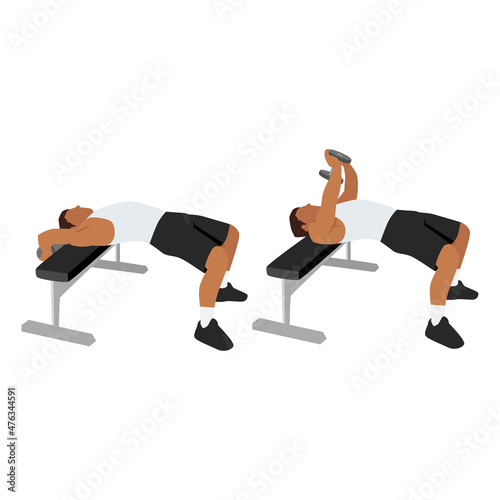Man doing dumbbell pullover exercise. Flat vector illustration isolated on white background