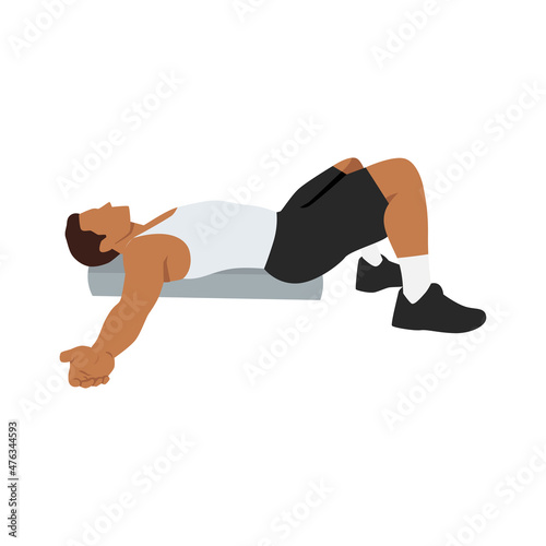 Man doing Foam roller chest opener chest exercise. Flat vector illustration isolated on white background