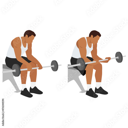 Man doing Seated palm wrist curls exercise. Flat vector illustration isolated on white background