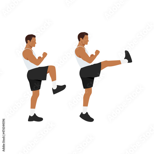 Man doing Front kick exercise. Flat vector illustration isolated on white background