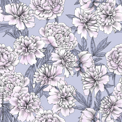 Peony on a gray background. Seamless pattern with colors