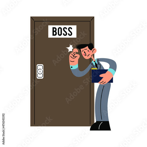 Employee knocking on a boss door flat vector illustration 