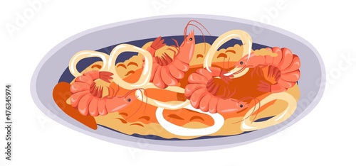 Seafood salad or soup with shrimps and calamari