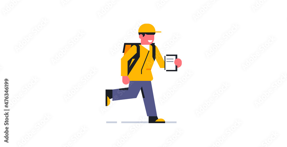 Courier online food delivery service to your home. Courier in working uniform. Bag, backpack, pizza, food. Vector illustration