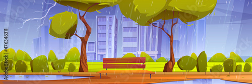 City park with bench at rainy weather, summer or spring rain with lightnings on cityscape background. Public parkland with puddles, empty wet street, dull urban garden, Cartoon vector illustration