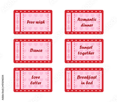 Coupon book for Valentines day. Love night tickets. Best gift for boyfriend. Present for couples. Vector cards templates in cartoon style.