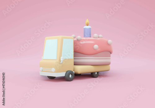 3D Rendering of a truck with big cake in pastel theme concept of birth day cake delivery service. 3D Render illustration.