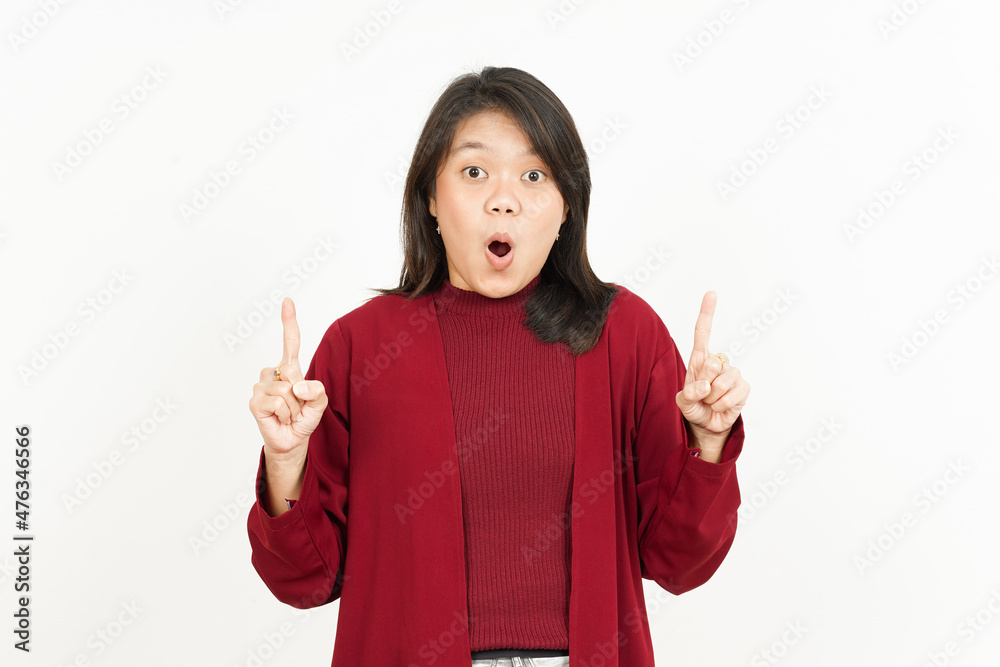 Pointing Up Of Beautiful Asian Woman Wearing Red Shirt Isolated On White Background Pointing Up Of Beautiful Asian Woman Wearing Red Shirt Isolated On White Background