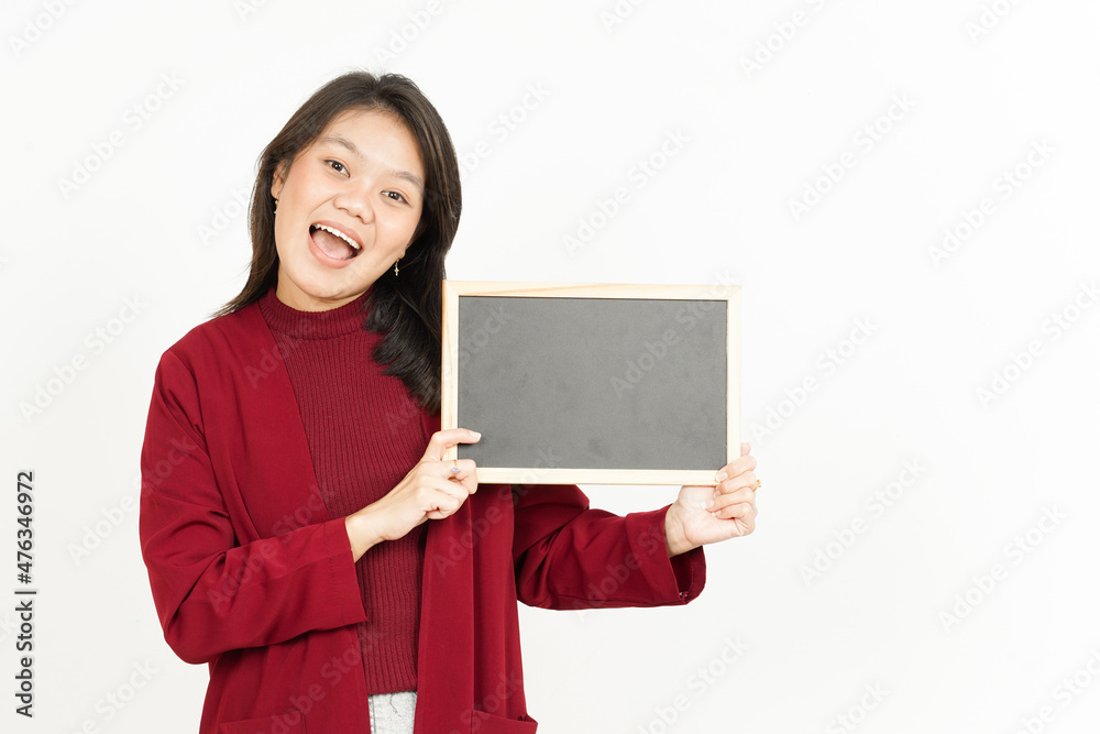 Showing, Presenting and holding Blank Blackboard Of Beautiful Asian Woman Wearing Red Shirt Showing, Presenting and holding Blank Blackboard Of Beautiful Asian Woman Wearing Red Shirt