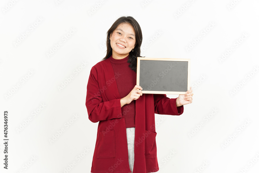 Showing, Presenting and holding Blank Blackboard Of Beautiful Asian Woman Wearing Red Shirt Showing, Presenting and holding Blank Blackboard Of Beautiful Asian Woman Wearing Red Shirt