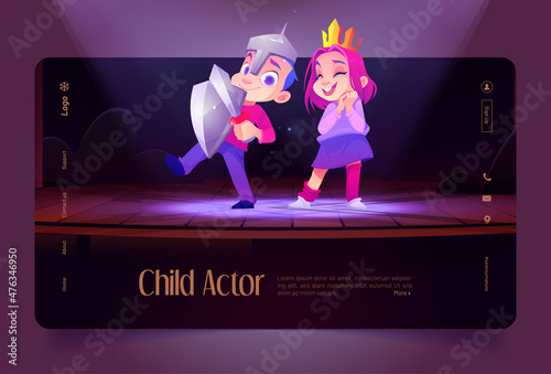 Children actors on theatre stage in school or kindergarten, kids playing roles of knight and princess on theatre scene illuminated with spotlights, boy and girl performing, Cartoon vector illustration