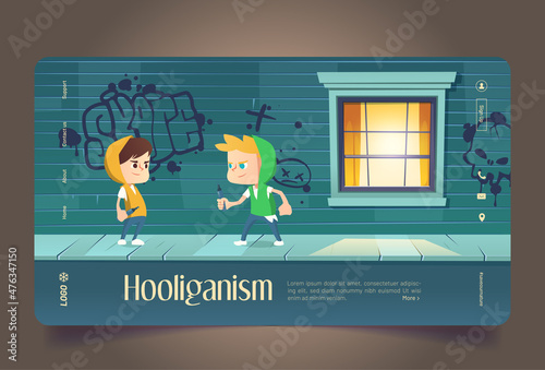 Hooliganism cartoon landing page, teenagers drawing graffiti on building, kids making inscription. Teens vandals in ghetto, young hooligans, ruffian, street artists, rowdy characters Vector web banner