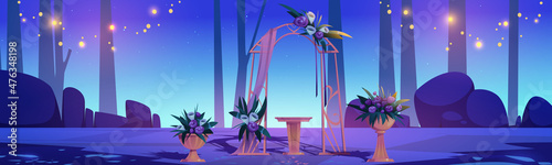 Wedding arch and decoration in night mysterious forest. Wooden vases with flowers and desk stand in dark wood with sparkling lights and scatter petals. Matrimony ceremony, Cartoon vector illustration