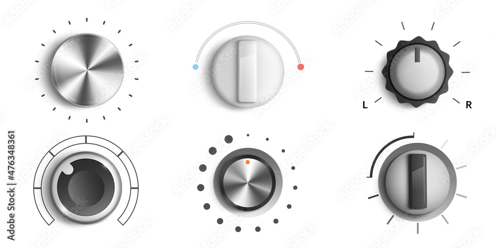 Volume knobs, round adjustment dial. Regulator level and analog buttons, Min Max music sound switchers, round tuners for audio stereo system, isolated ui app design elements, Realistic 3d vector set