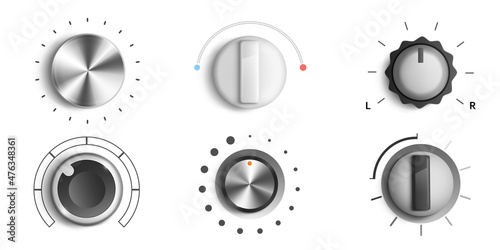 Volume knobs, round adjustment dial. Regulator level and analog buttons, Min Max music sound switchers, round tuners for audio stereo system, isolated ui app design elements, Realistic 3d vector set photo