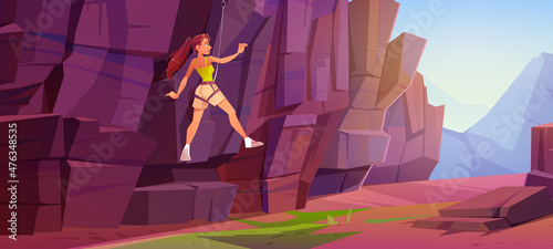 Girl rock climber climbs on mountain. Adventure, extreme sport concept. Vector cartoon illustration of canyon landscape with woman alpinist with rope and carbine on stone wall