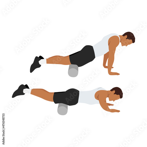 Man doing Foam roller quadriceps stretch exercise. Flat vector illustration isolated on white background