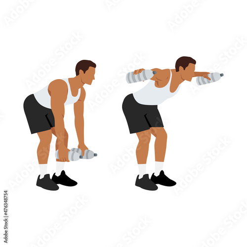 Man doing Bent over water bottle flyes exercise. Lateral bottle raise. Flat vector illustration isolated on white background