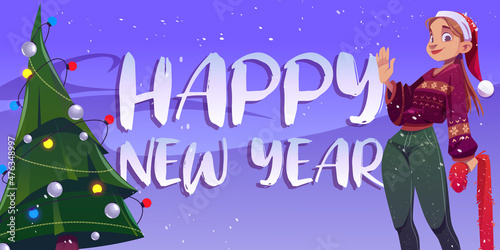 Happy New year banner or greeting card. Cheerful woman in Santa hat and knit sweater waving hand near decorated fir-tree under falling snow, Winter holidays celebration, Cartoon vector illustration