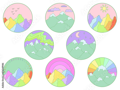 Vector set illustration of mountain. Colorful hand drawn outline icon in circle frame. For print, web, design, decor, logo.