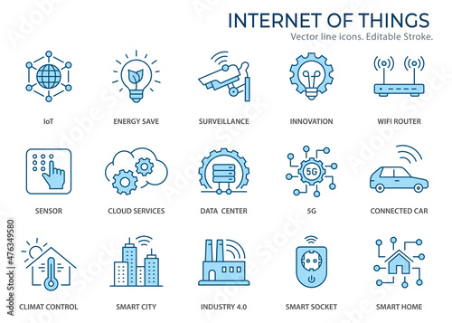 Internet of things icons, such as smart city, artificial intelligence, sensor, network and more. Vector illustration isolated on white. Editable stroke. Change to any size and any colour.