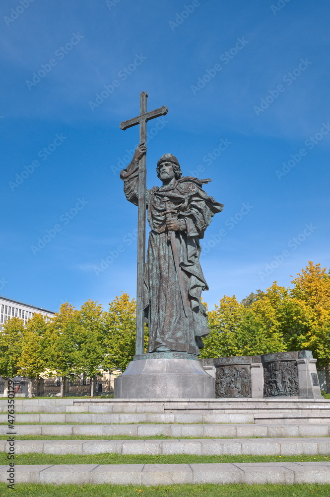 Moscow, Russia - September 29, 2021: Monument to the Holy Equal-to-the-Apostles Prince Vladimir the Great on Borovitskaya Square on an autumn day