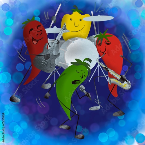 funny cartoon characters - pepper musicians, humorous jazz band on a blue background.