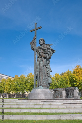 Moscow, Russia - September 29, 2021: Monument to the Holy Equal-to-the-Apostles Prince Vladimir the Great on Borovitskaya Square on an autumn day