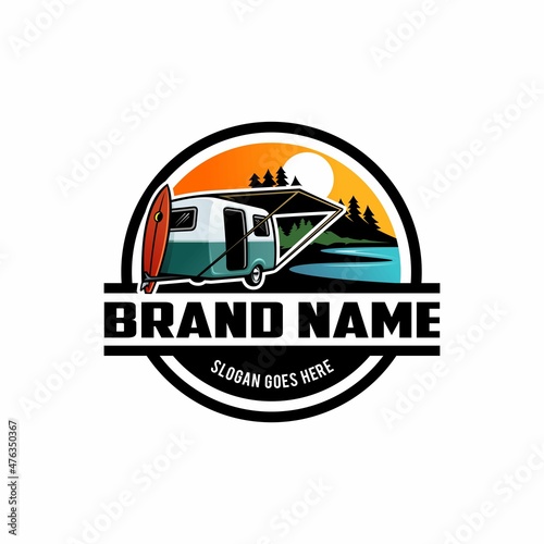 camper trailer, caravan trailer camping in the beach  illustration vector