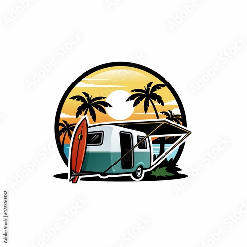 camper trailer, caravan trailer camping in the beach  illustration vector