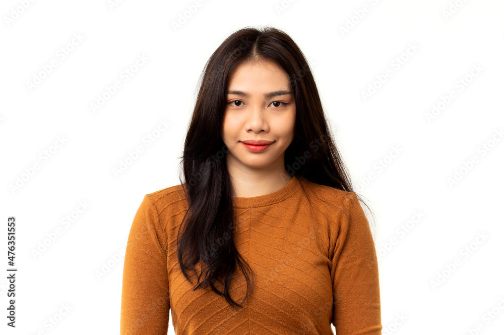 Portrait of Asian woman wearing an orange shirt on a white background. Portrait of Asian woman wearing an orange shirt on a white background.
