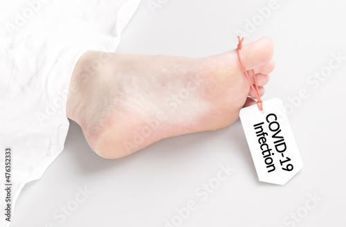 Body with toe tag on white