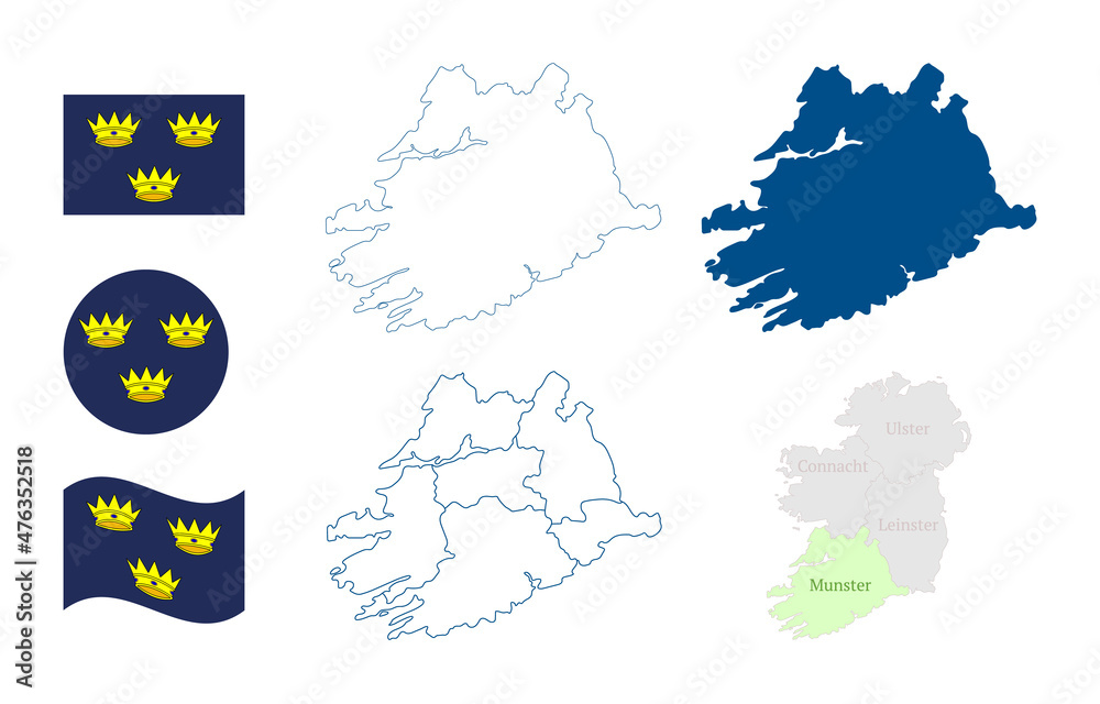 Munster map. Province of Ireland. Detailed blue outline and silhouette