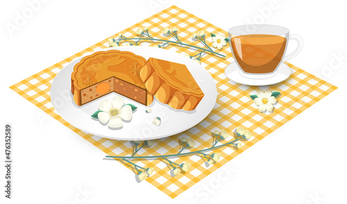 Salted egg yolk mooncake with teacup set on tablecloth